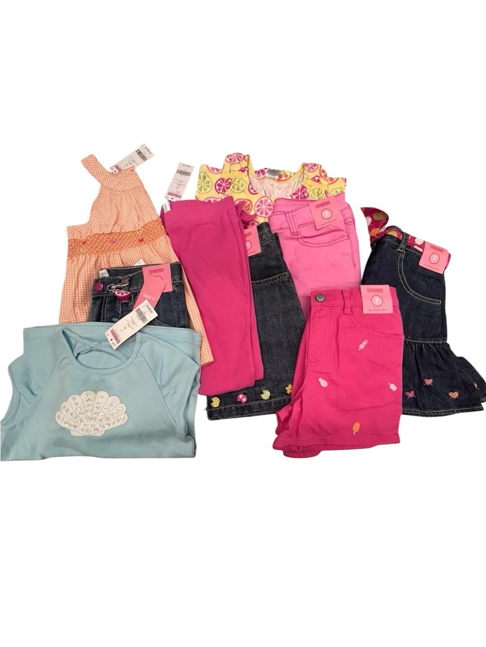 Gymboree Girls 7 bundle Pant Shorts Skort Tops Pink Denim School Ladybug Heart